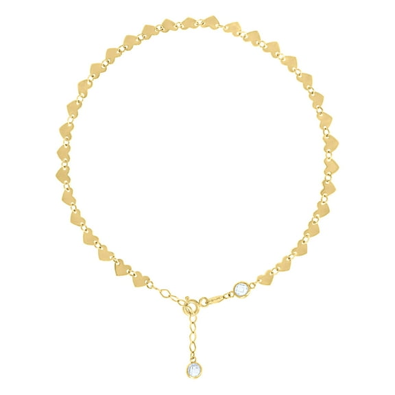 10kt Real Yellow Gold Womens Cubic-Zirconia Heart Link Anklet Size 9 1 Inches