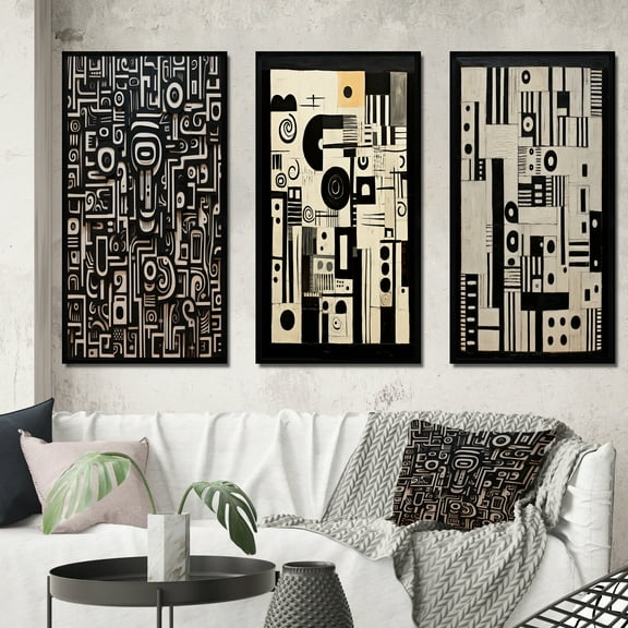 Designart "Wisdom in Urban Black and White III" Modern Geometric Framed Wall Art Set Of 3 - Black Abstract Frame Gallery Wall Set For Home Decor