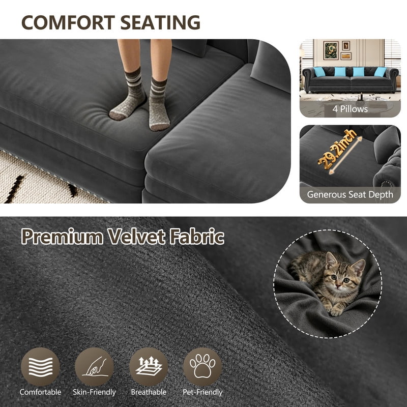 3-in-1 Pull-Out Sofa Bed, 89'' Chesterfield Sofa, Convertible Sleeper Sofa Bed, King Size Sofa Bed, Chaise Lounge, Tufted Design Velvet 3-Seater Sofa with Movable Ottoman