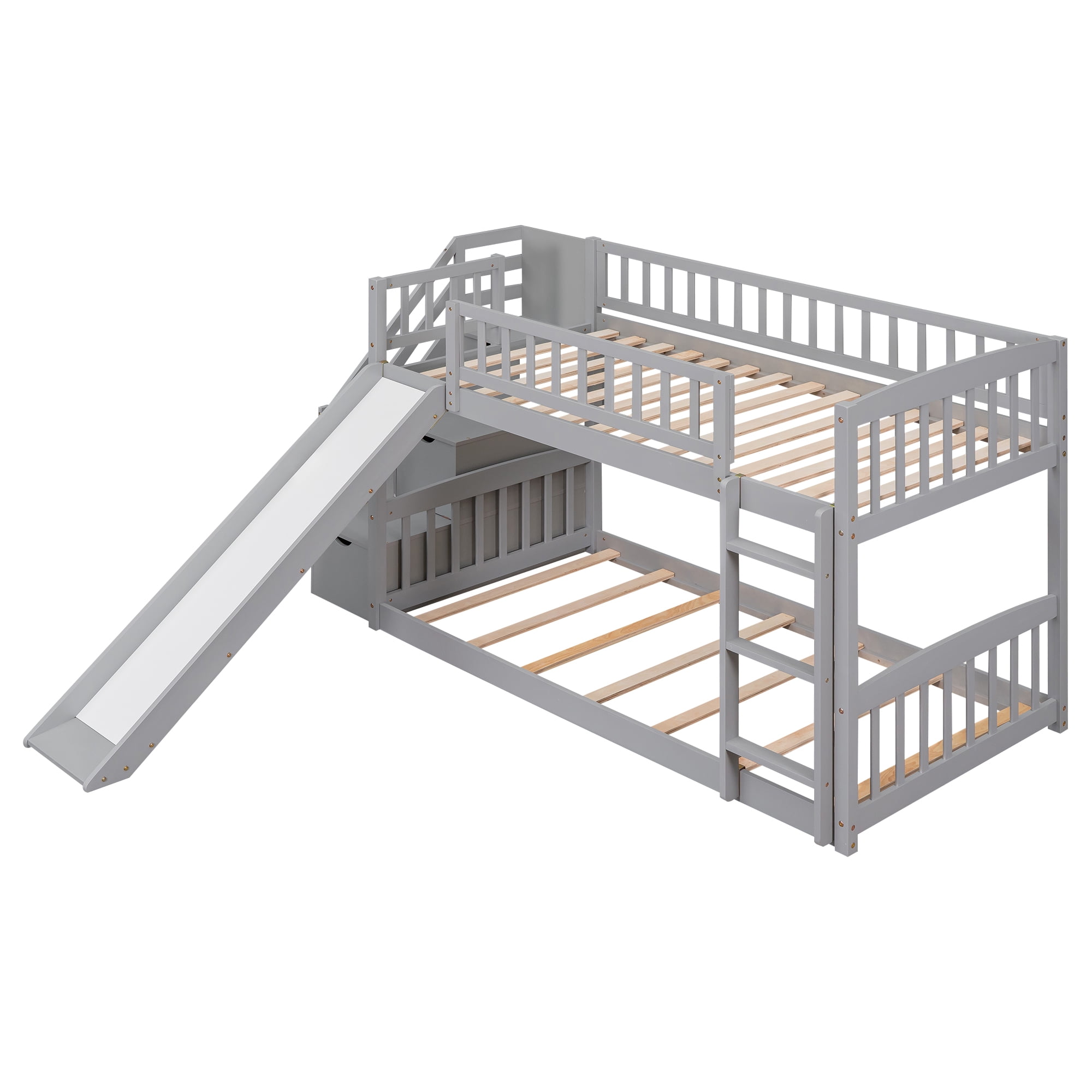 Mintazer Twin Over Twin Bunk Bed with Storage Staircase & Convertible Slide, Kids Bunk Bed Frame with Guardrails & Ladder, No Box Spring Needed, Gray