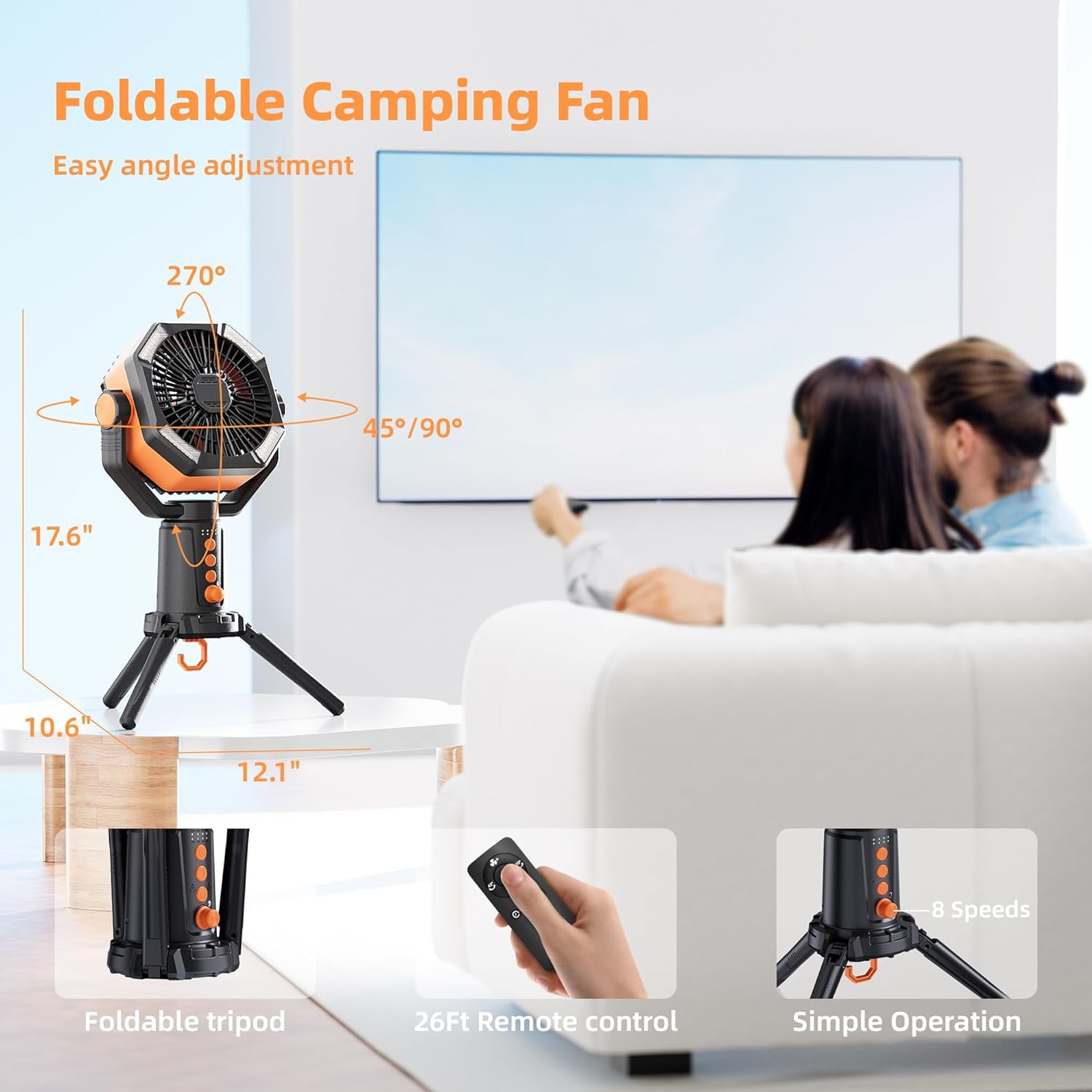 Table Fans Tripod, 20000mAh Rechargeable Battery Operated Portable Tent Fan with LED Lantern, Remote Control, Hook, 270° Pivot, Stepless Speed-Ideal for Camping, Picnic, Barbecue, Jobsite