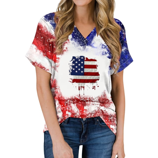 Camisas de Manga Corta para las Mujeres Día de la Independencia Blusas Estampado Cuello en V Top, Blusas para las Mujeres Casual