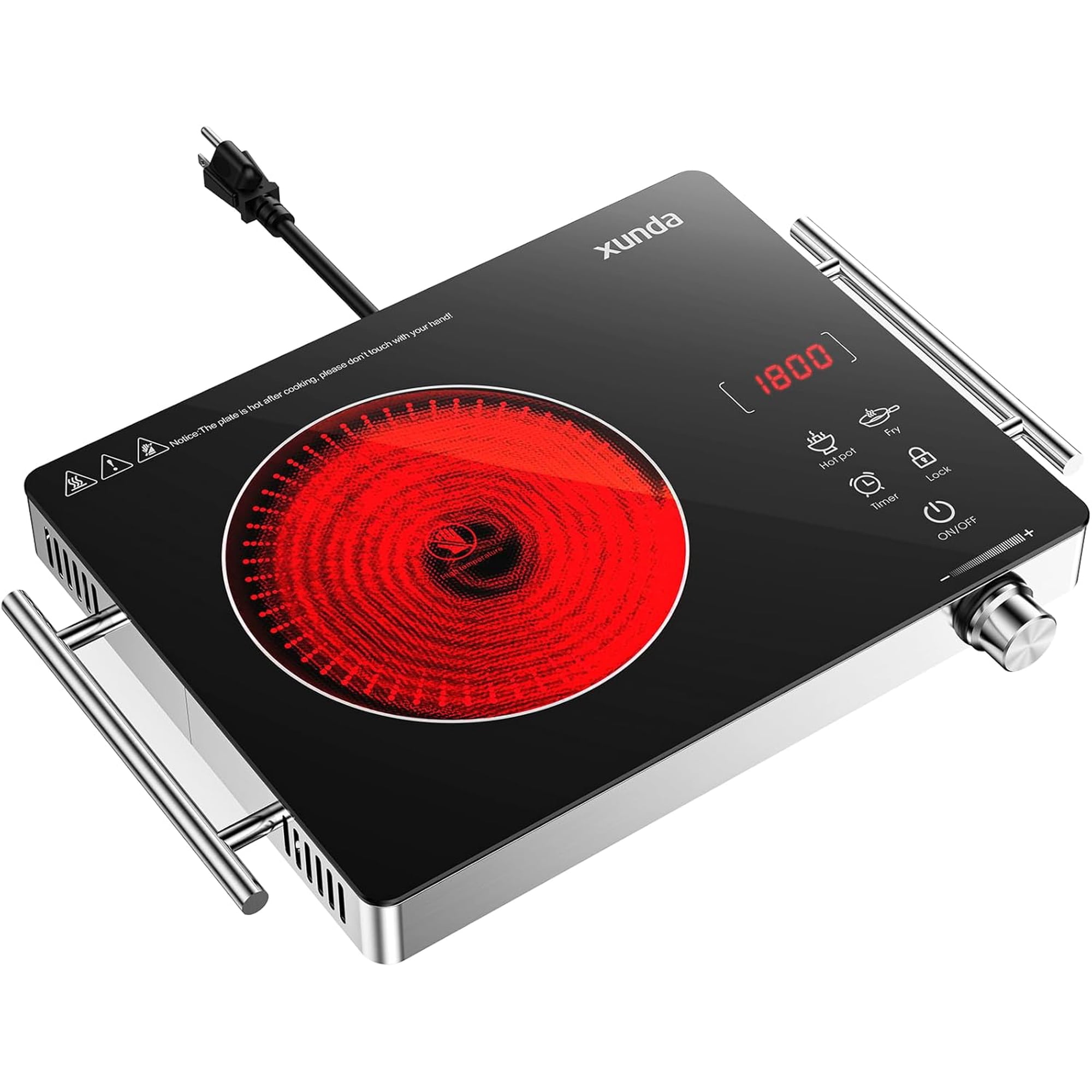 1800W Portable Electric Stove, 110v Electric Burner with Carry Handle Hot Plate, Ceramic Infrared Single Burner Cooktop, Touch & Knob Control Timer, Safety Lock (Black)
