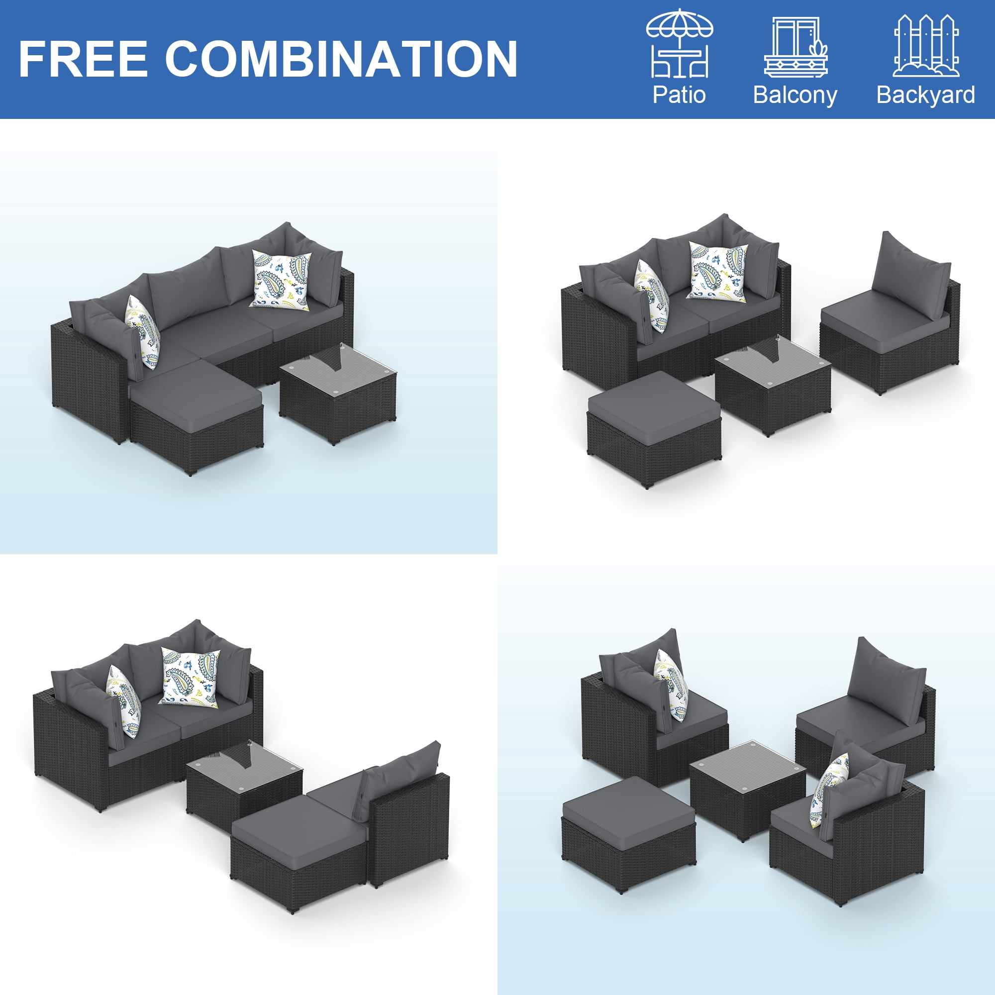 Phonjoroo 5PCS Patio Furniture Sets All Weather Outdoor Sectional Sofa Manual Weaving Wicker Rattan Outdoor Conversation Set with With Cushion And Glass Table, Gray