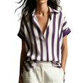 thumbnail image 2 of Endives Boho Tops For Women Striped Short Sleeve Shirt V Neck Loose Fit Blouses Collared Business Casual Outfits for Women Going Out Top Summer Trendy Purple L, 2 of 5
