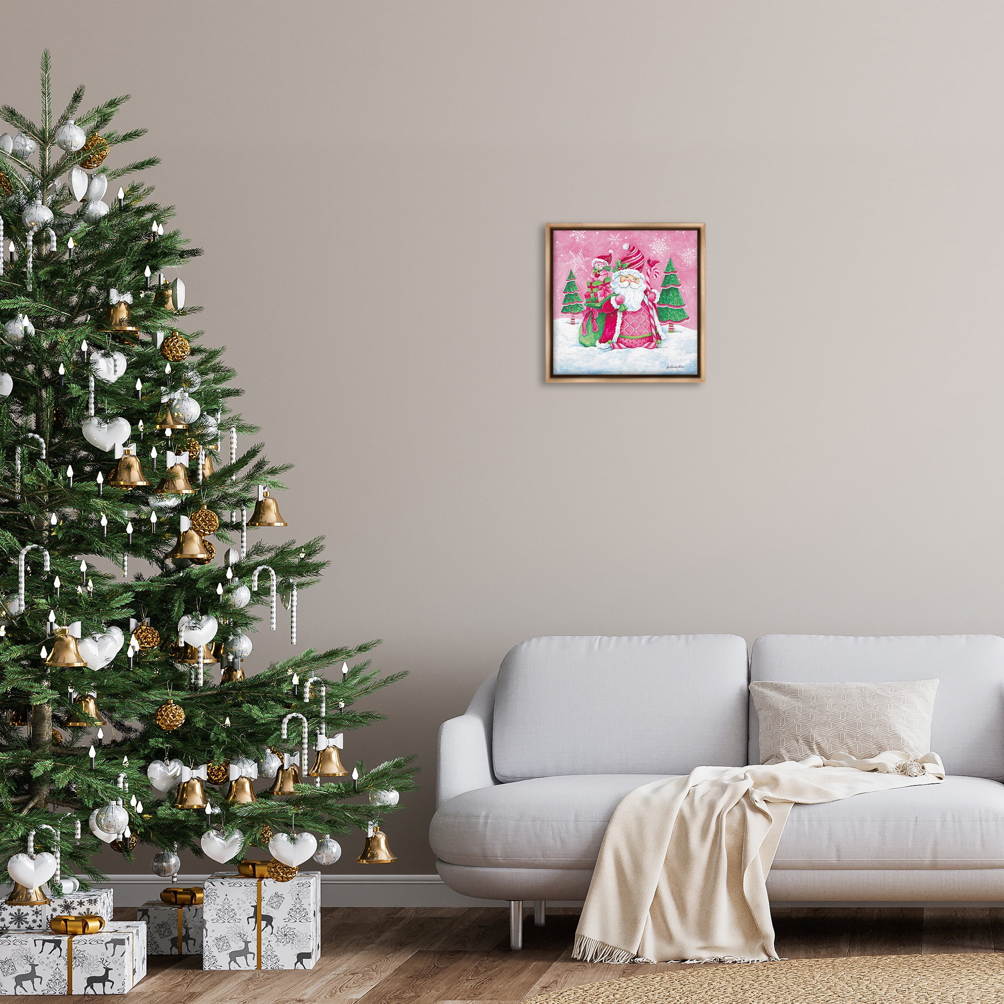 Stupell Industries Pink & Green Santa Scene Holiday Painting Brown Floater Framed Canvas Art Print Wall Art, 18 x 18
