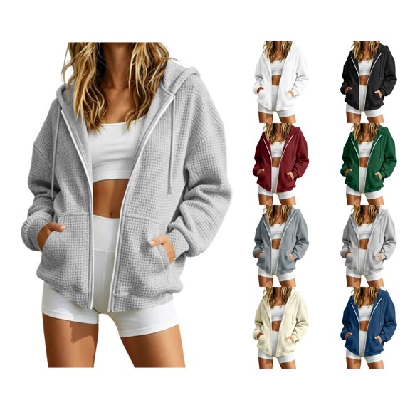 Nugftut Womens Hoodies with Zippers Long Sleeve Sweatshirts Casual Waffle Hooded Jackets with Pockets