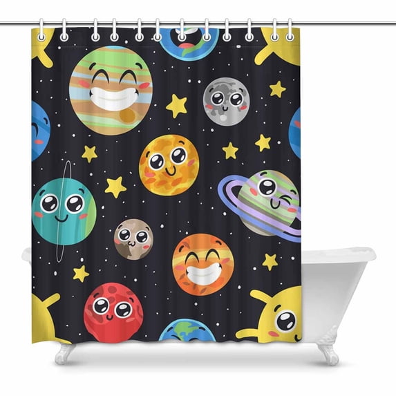 MKHERT Funny Cartoon Smiley Sun Moon Pluto and Planets on Space Waterproof Shower Curtain Decor Fabric Bathroom Set 60x72 inch