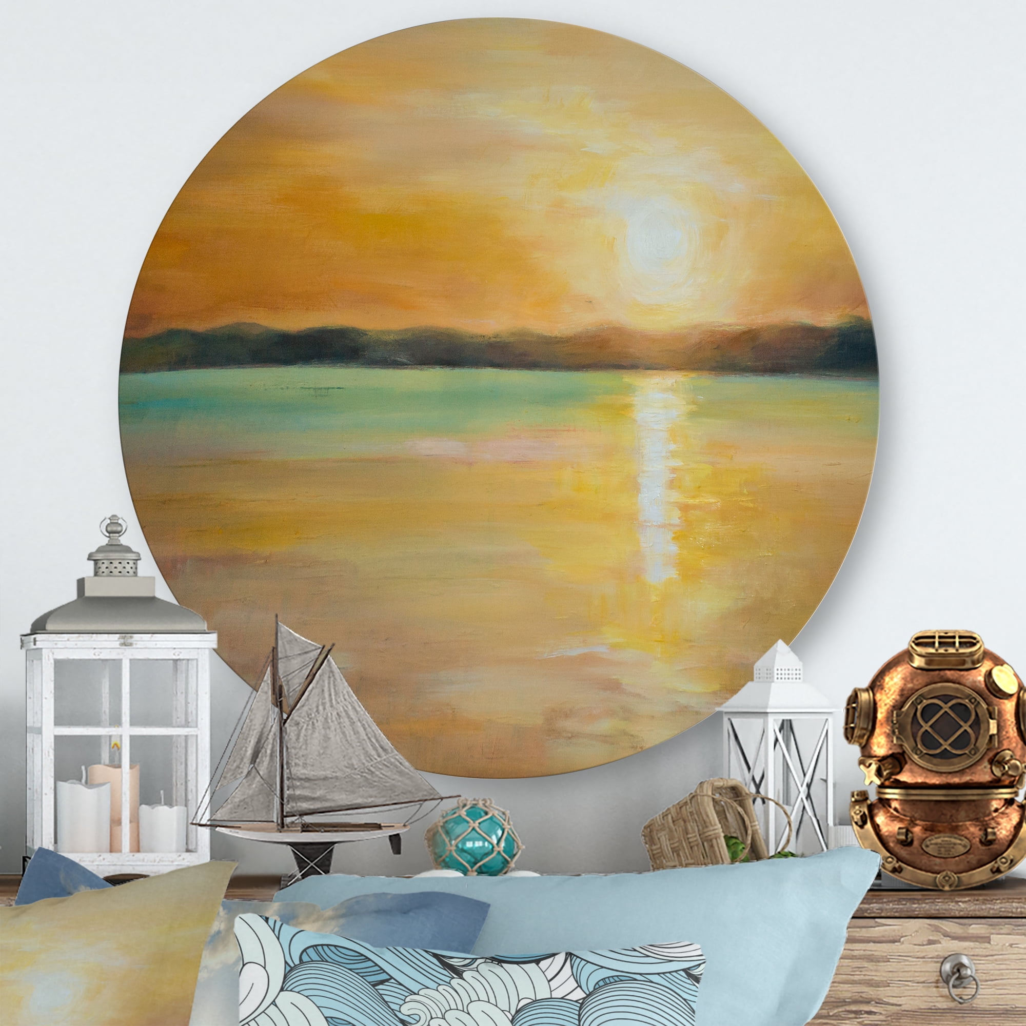 Designart 'Abstract Yellow Sunset At The Horizon' Nautical & Coastal Circle Metal Wall Art 23x23 - Disc of 23