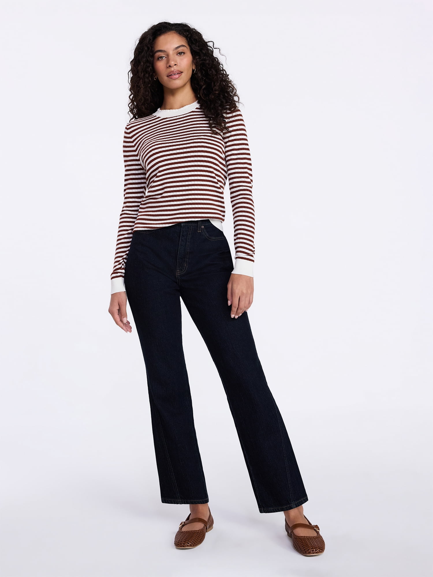 Time and Tru Women's Stripe Pointelle Rib Sweater with Long Sleeves, Lightweight, Sizes XS-XXXL