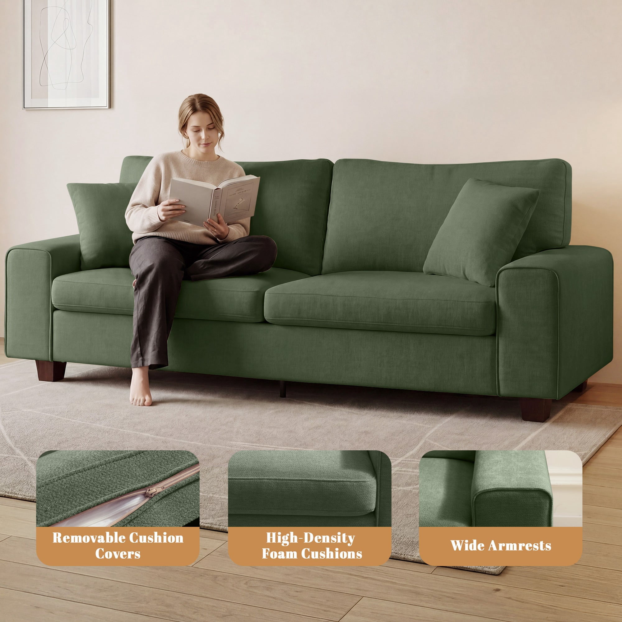 Poshby 88.58''W 3 Seater Sofa Couch with Chenille, Modern Square Arm for Living Room, Light Green