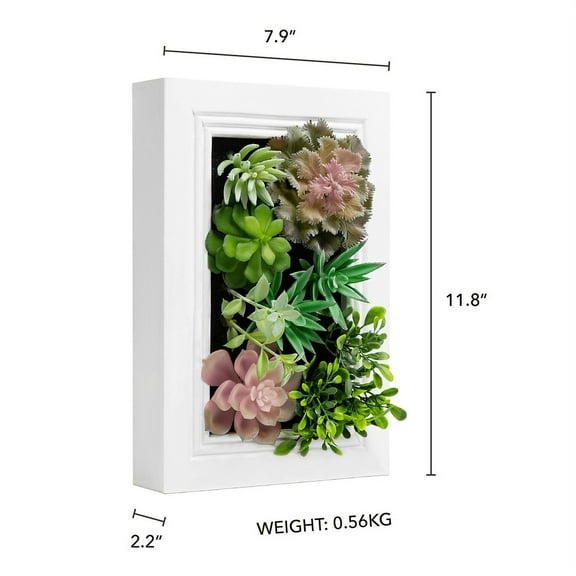 K-Cliffs 3D Home Decor Artificial Succulent Art in White Wood Frame for Hanging or Placing on a Table, 13" High. 7.9 W x 2.2 D x 11.8 H, 2lbs