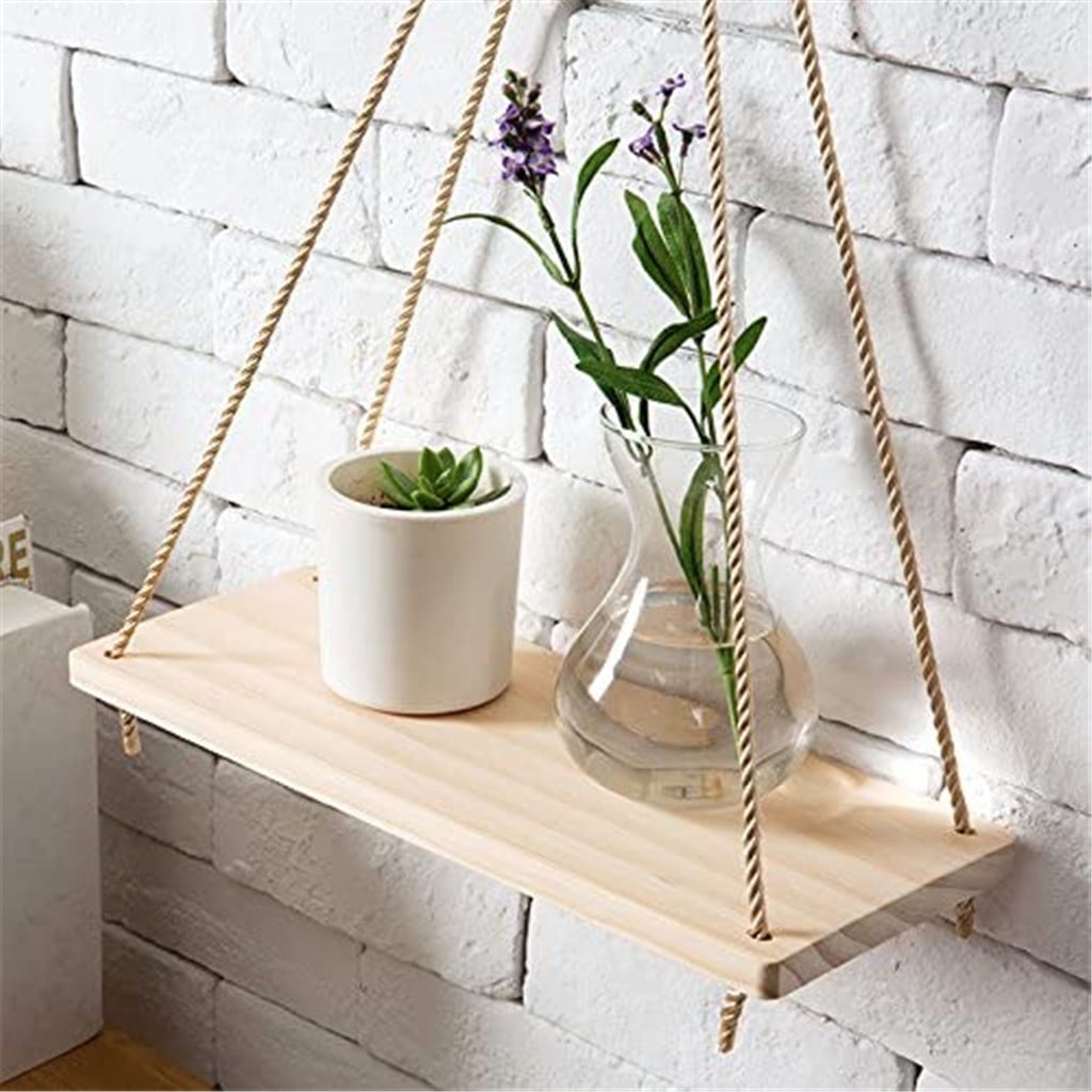 Wooden Hanging Rope Wall Mounted Floating Shelf Storage Rustic Plant Flower Pot、