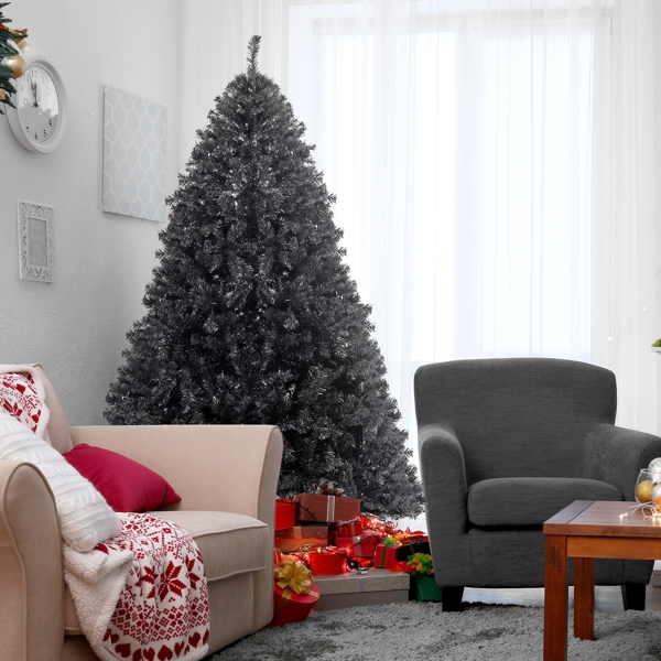 6 FT Black Artificial Christmas Tree - 1050 PVC Branch Tips, Flame-Retardant Material, Sturdy Iron Base, 3-Step Easy Assembly