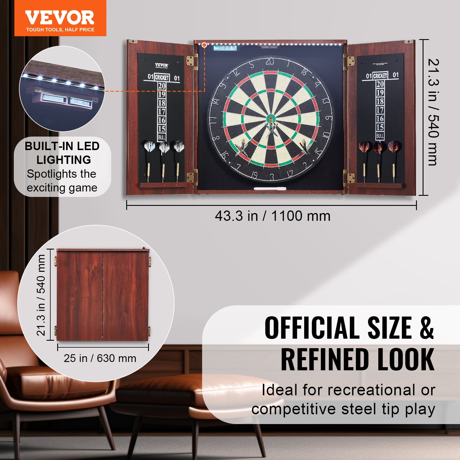 VEVOR Dartboard and Cabinet Set, Ready-to-Play Bundle Official Size Dartboard Cabinet, Steel Tip Dart Hideaway Cabinet, Features LED Light, Easy Assembly,Complete with All Accessory,for Cricket Game