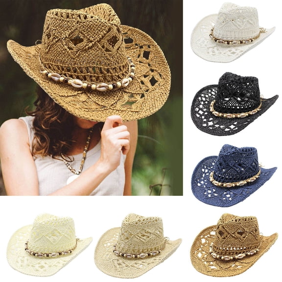 sususu Straw Cowboy Hat for Men Women Summer Western Cowgirl Hat Woven Hollow Out Wide Brim Hat Khaki