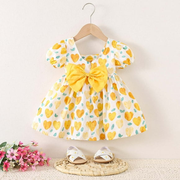 WEAIXIMIUNG Prom Dresses With Sleeves Blue Toddler & Little Girls' Heart Print Short Sleeve Princess Dress With Back Bow Summer Casual Sleeveless Party Wear 80