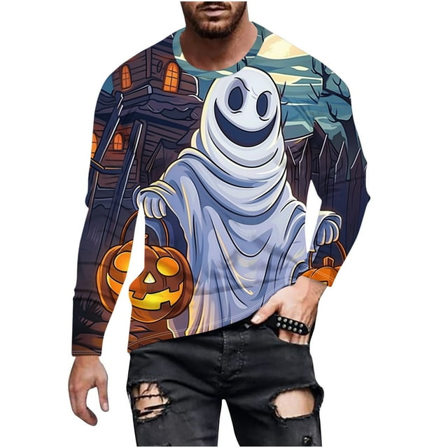 Pisexur Chandails en Molleton Oversize d'Halloween pour Hommes Chandails en Molleton Graphiques de Festival Amusants Manches Longues Pull Décontracté Col Rond Grande Taille S-6TG