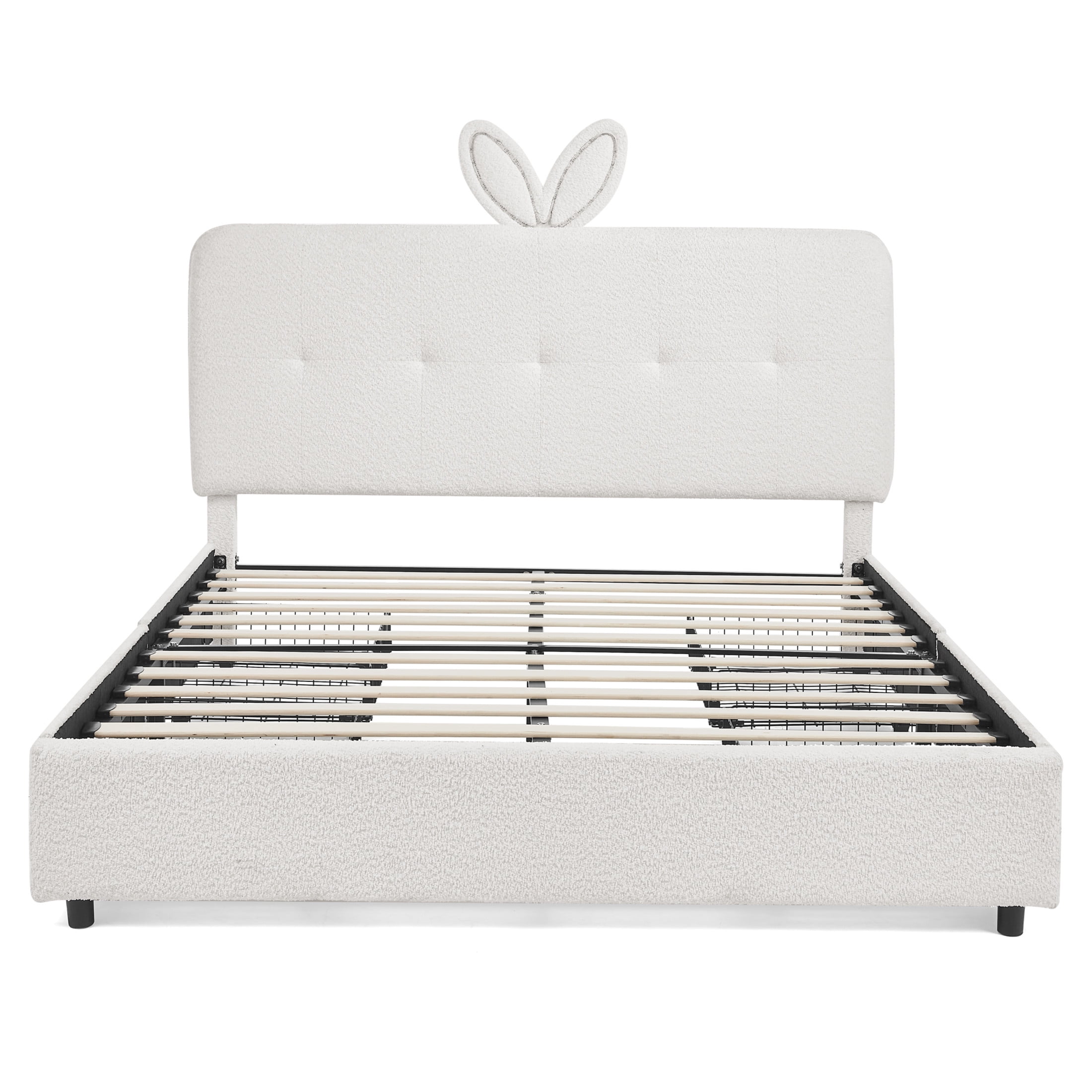 Noble House Bertis Queen Size Boucle Kids Bed, Rabbit Ear Headboard Bed Frame with LED Light and Storage Drawers, Beige