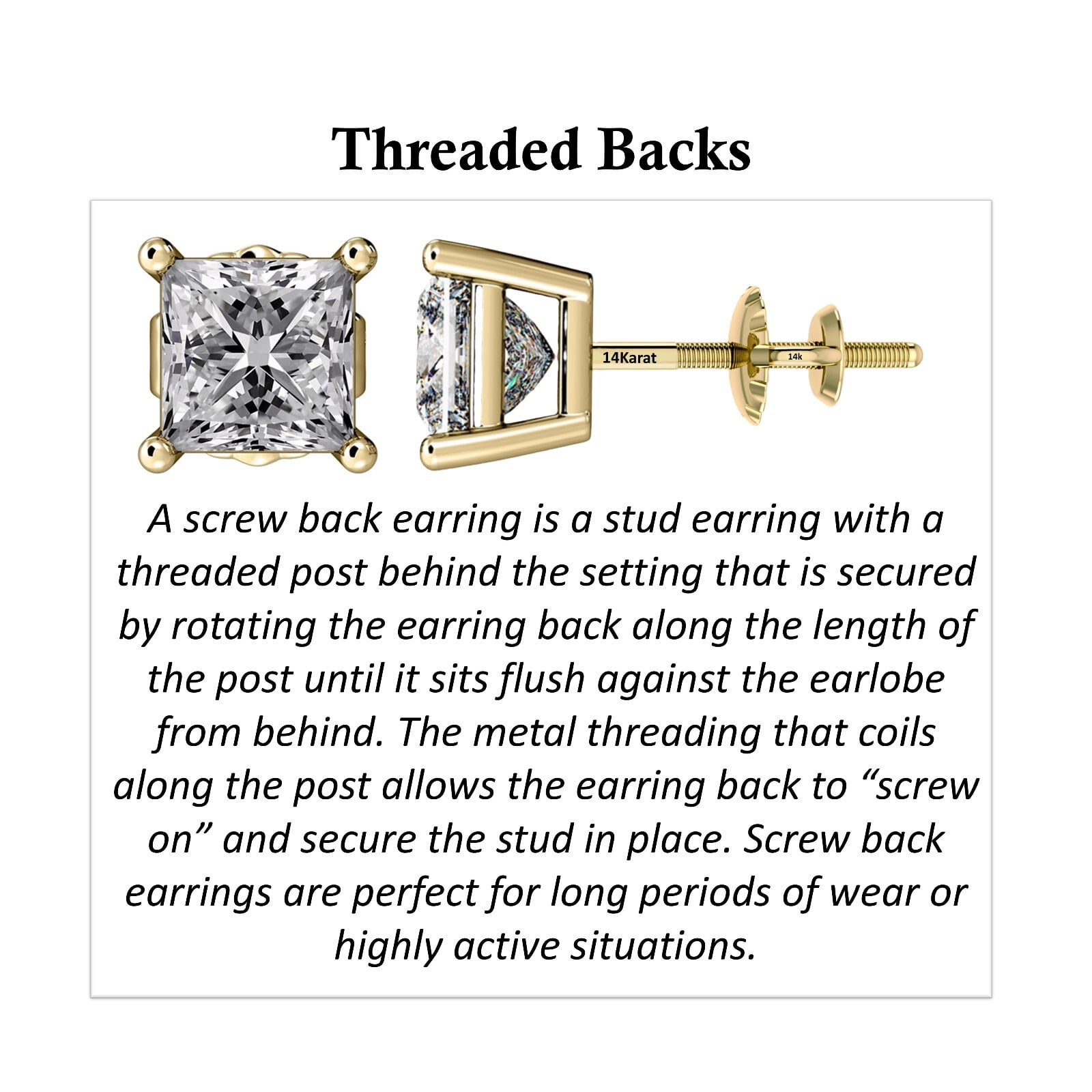 Princess Diamond Stud Earrings CVD Lab Grown, E-F Color VS-SI, 1.00ctw (1.00ctw to 1.04ctw) 14K Yellow Gold Threaded