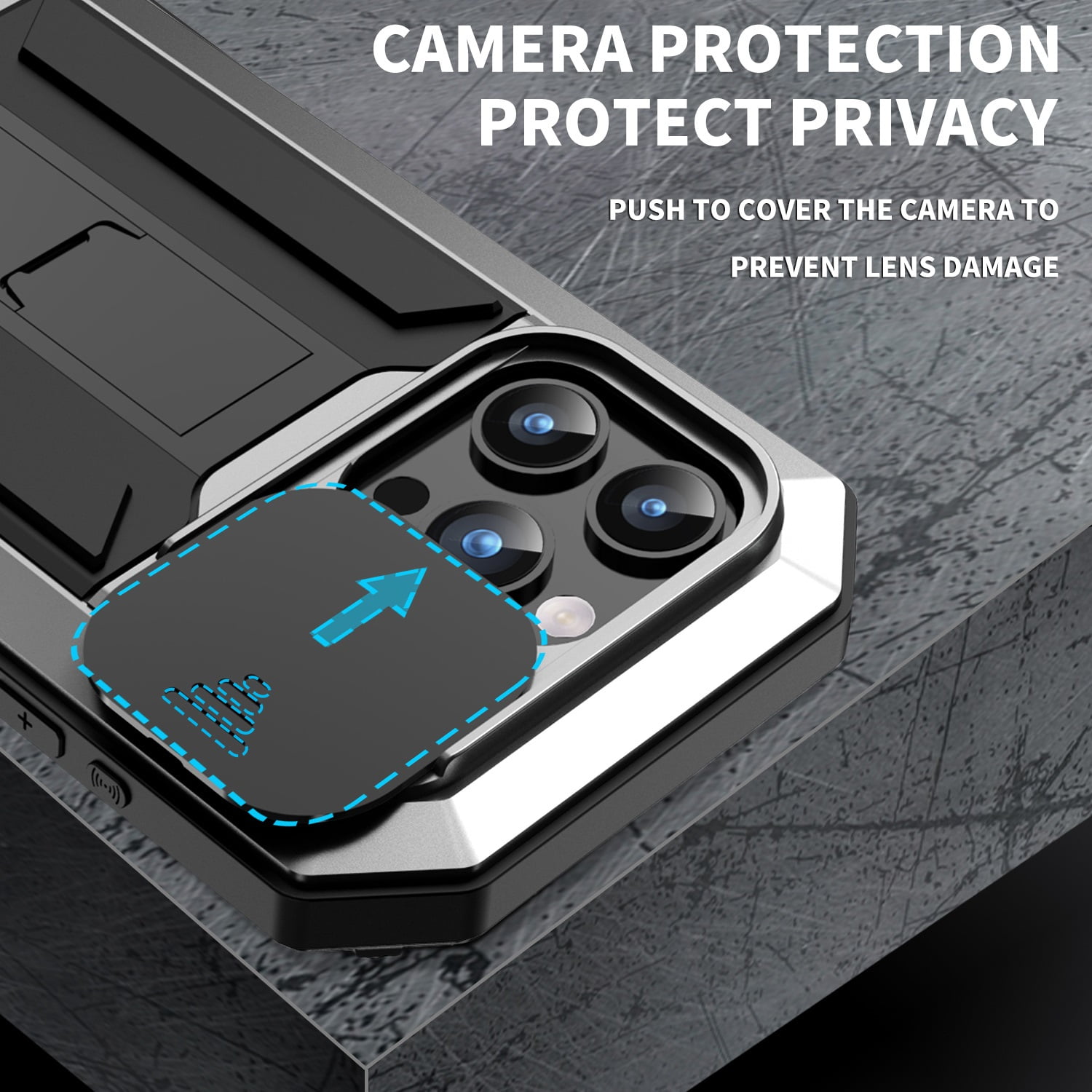 Heavy Duty Rugged Case for iPhone 15 Pro Max with Camera Lens Sliding Kickstand, Triple-Layer Military Grade Metal Frame Shockproof Cover with Screen Protector Dustproof Protective Case,Silver
