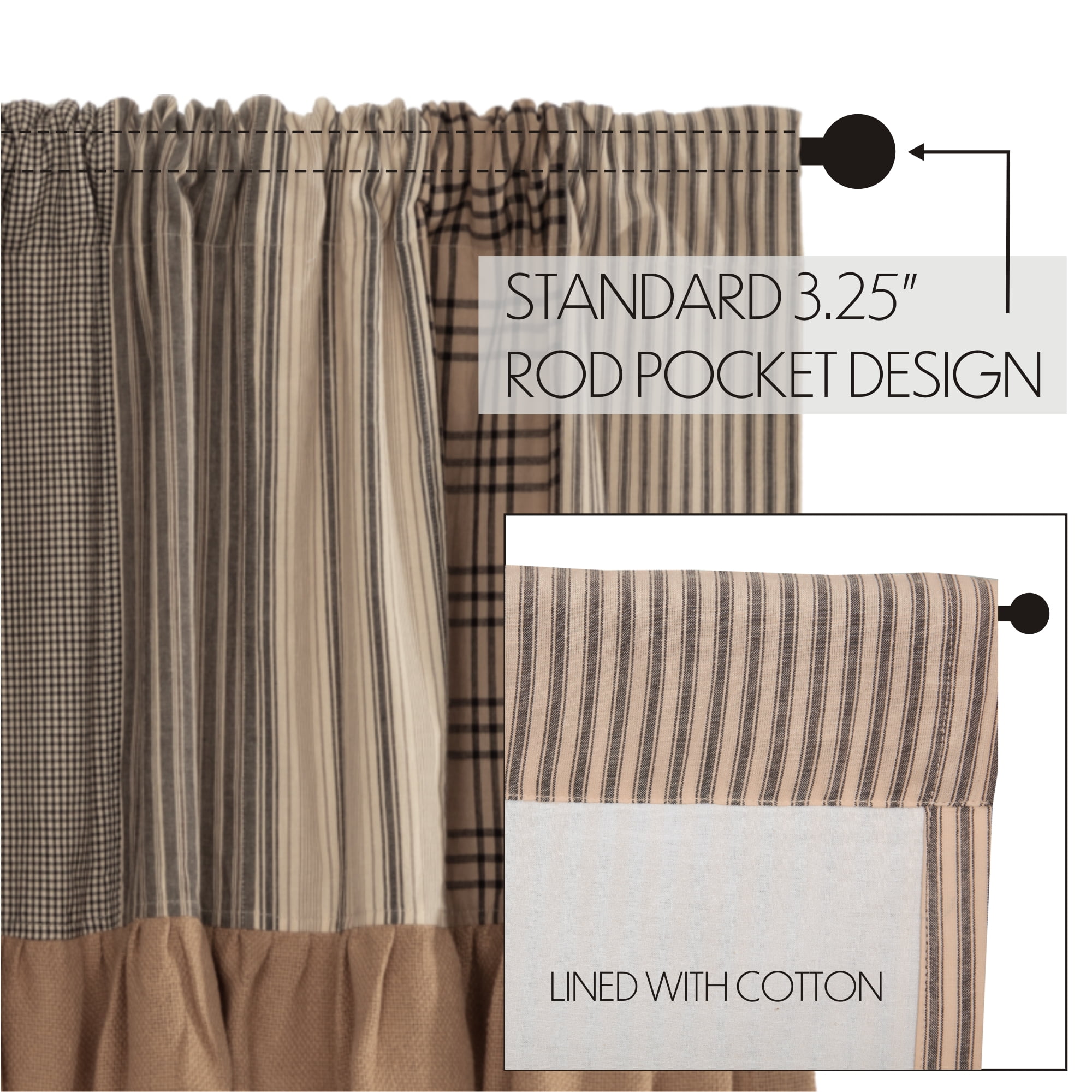 VHC Brands Sawyer Mill Charcoal Farmhouse Curtains for Kitchen Window Topper Linen Plaid Striped Patchwork Ruffled Light Filtering (Valance 19x72)