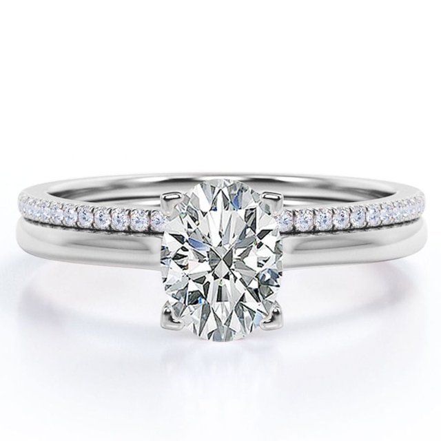 JeenMata Juego de Anillos de Boda de 1,75 Quilates con Corte Ovalado, Caña con Detalles Pavé, con Puntas, Chapado en Oro Blanco de 18 K sobre Plata (Personaliza la Banda de Tu Anillo de Boda)