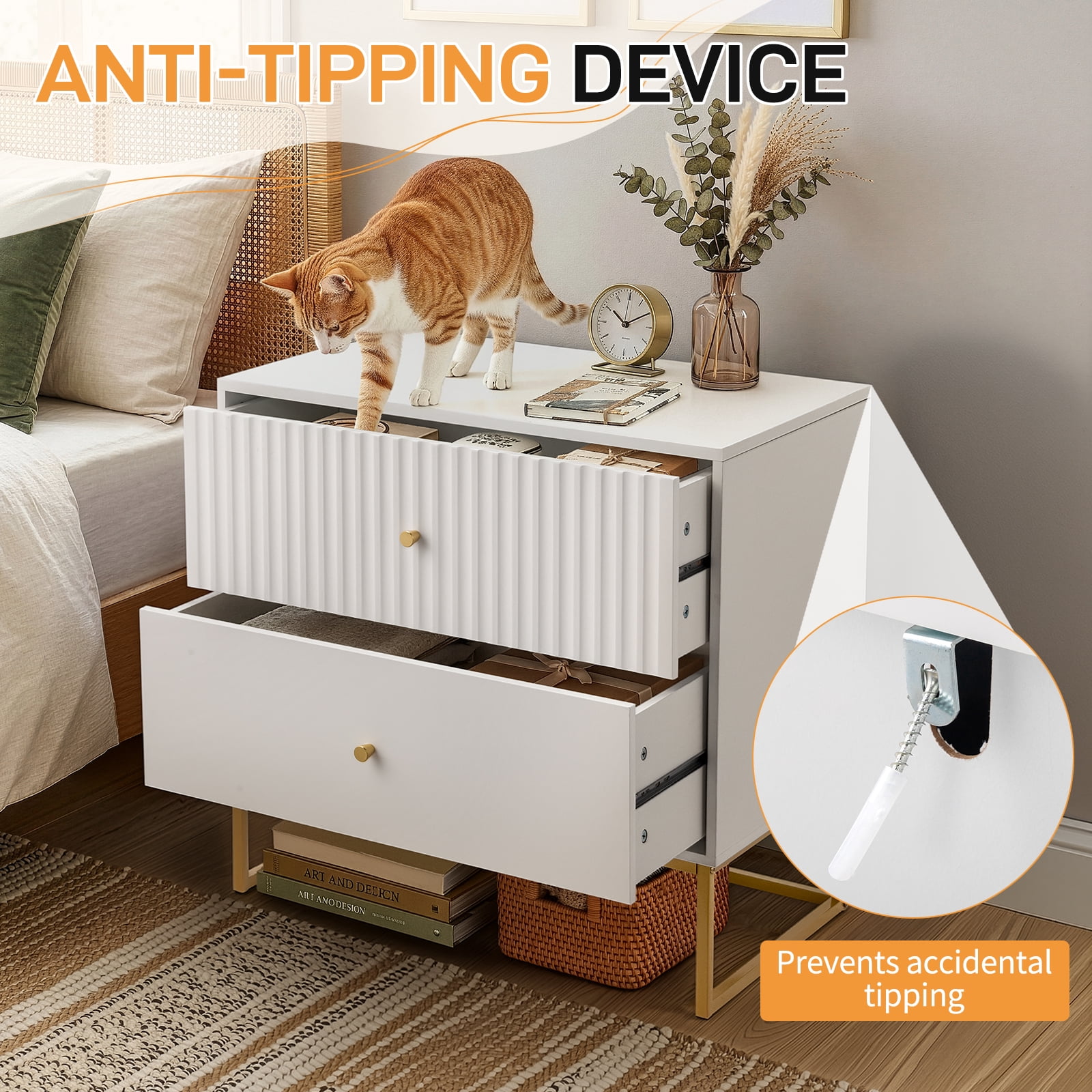 Ktaxon Solid Wood Nightstand with 2 Drawer  Modern Side End Table, for Bedroom, White Nightstand