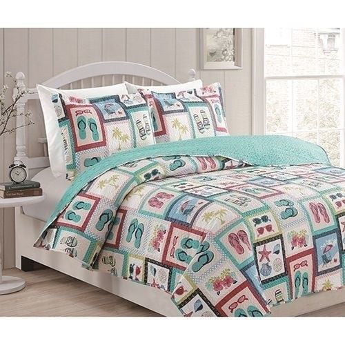 Tropical Cottage King Quilt Shams, Beach Hut Bedding King Size