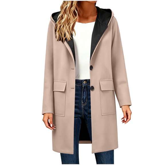 Daiosportswear Women's Contrast Hooded Long Coat Button Front Casual Woven Jacket with Pockets Khaki