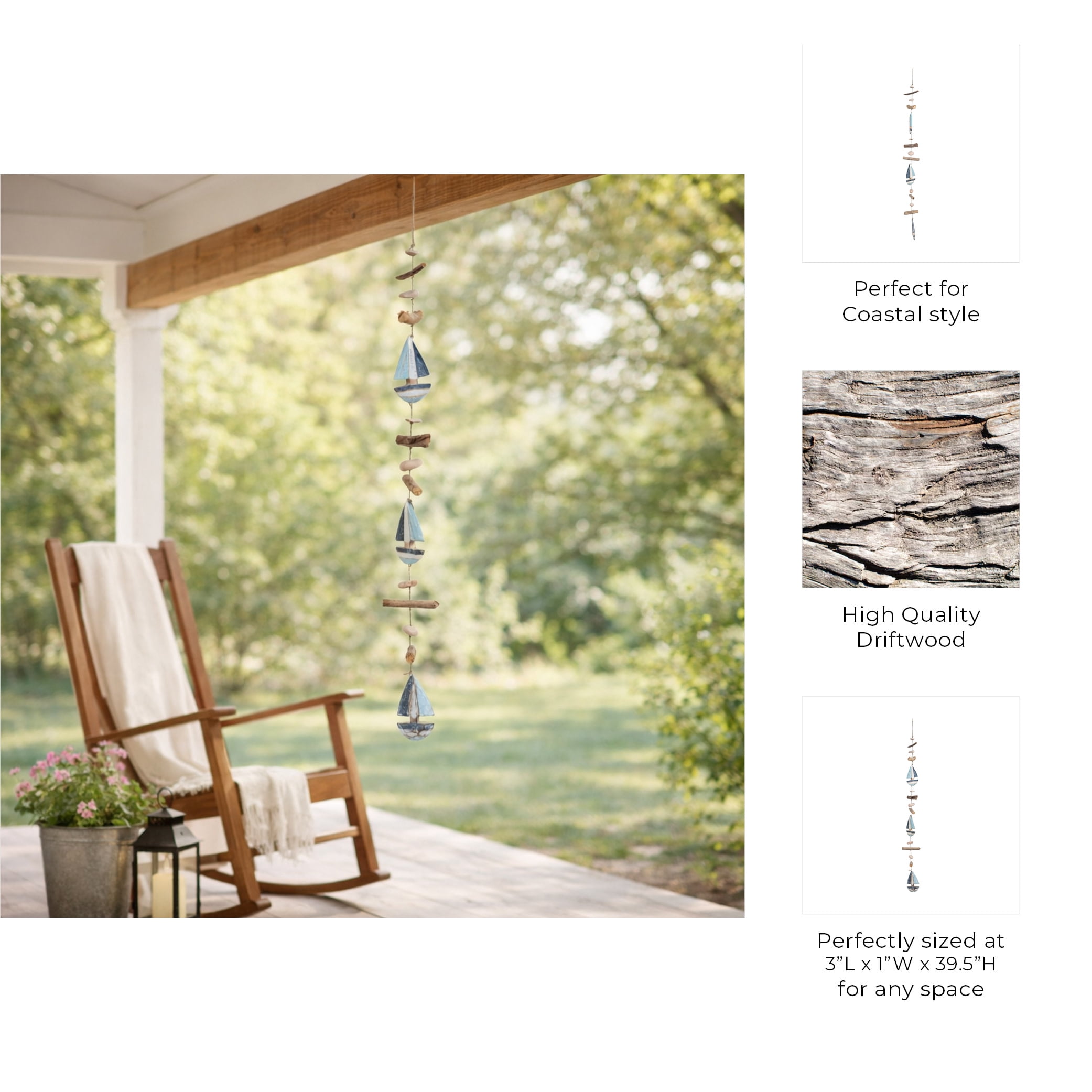 Contemporary Driftwood Boat Hanging Ornament for Home Decor and Bathroom - Coastal Accent for Office, Room and Living Room - Shelf and Coffee Table Decor Wall Display - 40", Blue & White