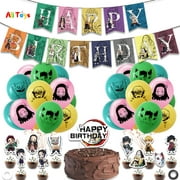 AliToys Anime Demon Slayer Kimetsu No Yaiba Action Figure Themed Happy Birthday Balloons Decoration Set Animated Pull Flag Cake Card Party Supplies Package Toys for Kids and Boy Gift