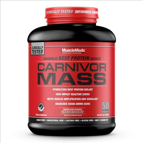MuscleMeds CARNIVOR Mass Gainer batido aislado de proteína de carne de res, 50 gramos de proteína, 125 gramos de carbohidratos, 0 grasa, 0 azúcar, sin lactosa, dulce de chocolate, 5 libras
