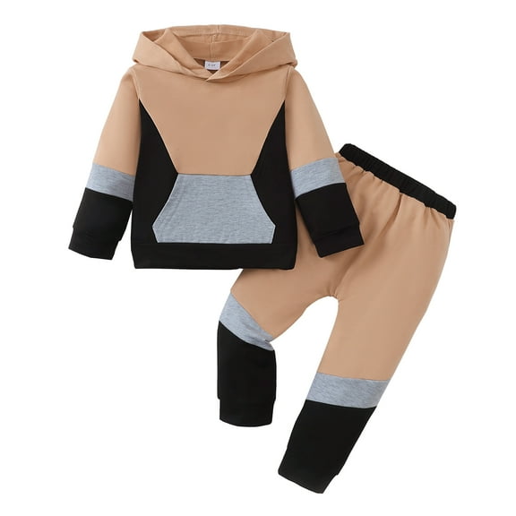 6Y Little Boys Clothes 7Y Boys 2PCS Hoodie Outfits Set Color-Blocked Little Boys Long Sleeve Hoodie Top Pants Set Khaki