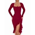 thumbnail image 3 of Women'S Ruched Bodycon Midi Dresses Elegant Mesh Long Sleeve Square Neck Ruffle Hem Cocktail Party Dress Wine Red M, 3 of 8