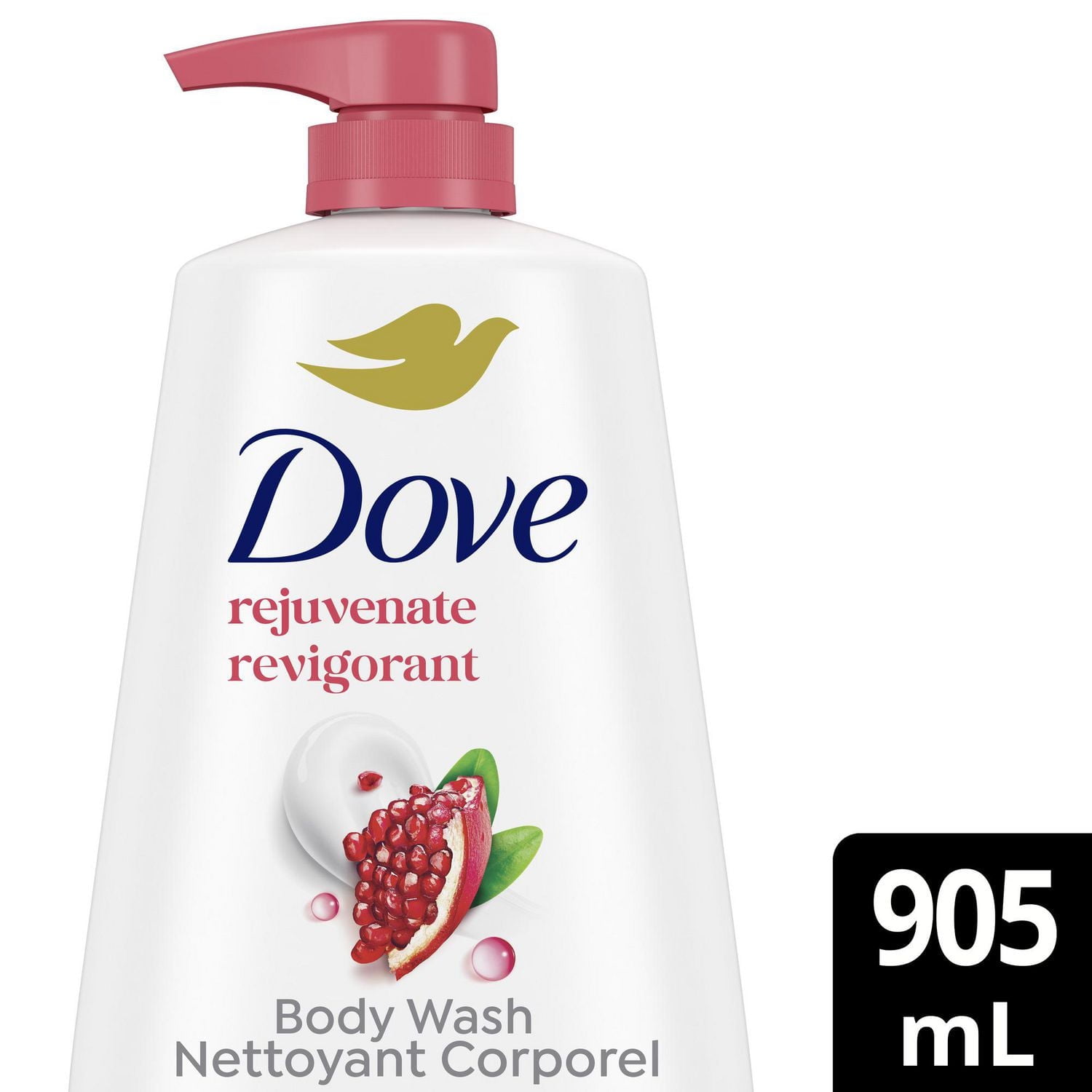 Nettoyant Corporel avec Pompe pour une Peau Douce comme une Lotion pendant 24 heures, Dove Rejuvenate Grenade et Hibiscus