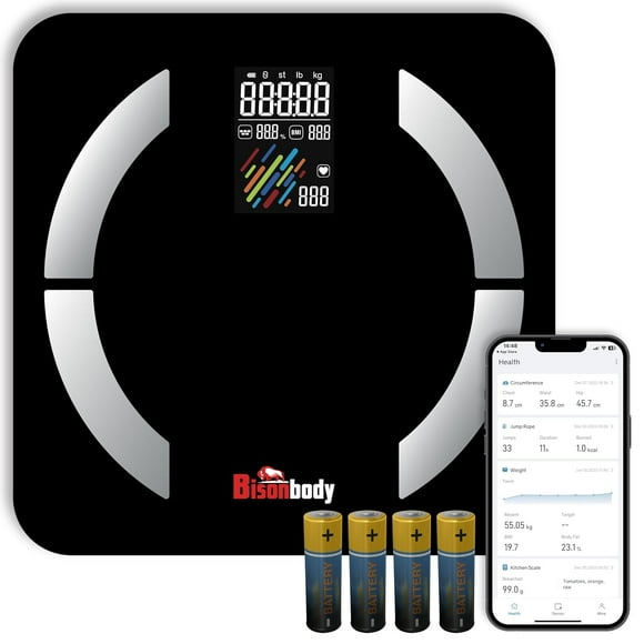 Bisonbody Smart Digital Bathroom Body Scale – Large Display Accurate Result – 22 Metrics including Cardiac Index, Heart Rate, Body Fat, BMI – Tempered Glass – App Support Bluetooth with Free Batteries