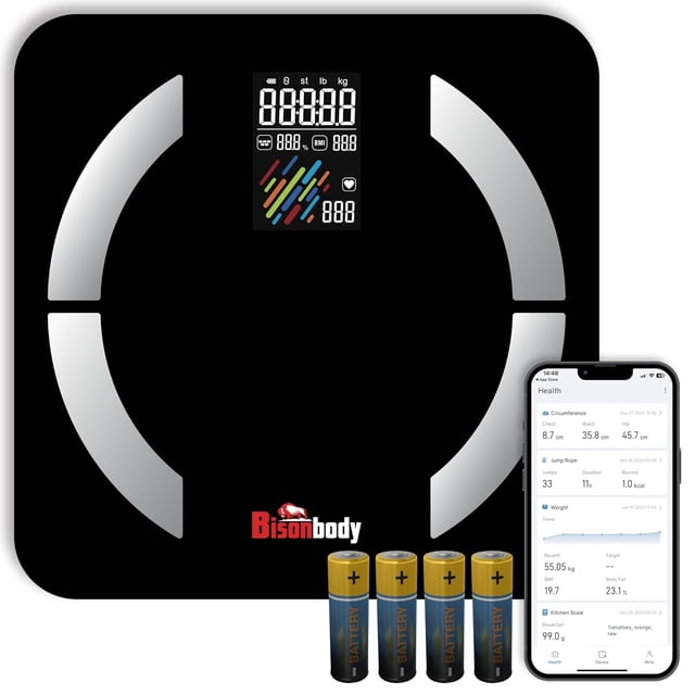 Bisonbody Smart Digital Bathroom Body Scale – Large Display Accurate Result – 22 Metrics including Cardiac Index, Heart Rate, Body Fat, BMI – Tempered Glass – App Support Bluetooth with Free Batteries