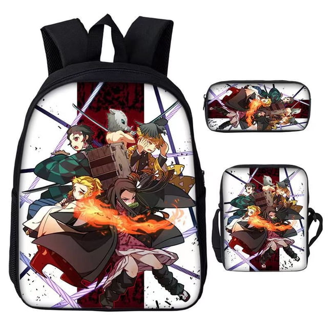 Mochila Dem@@2on Slayer, juego de 3 piezas: mochila para portátil con estuche para lápices y bolsa para el almuerzo.