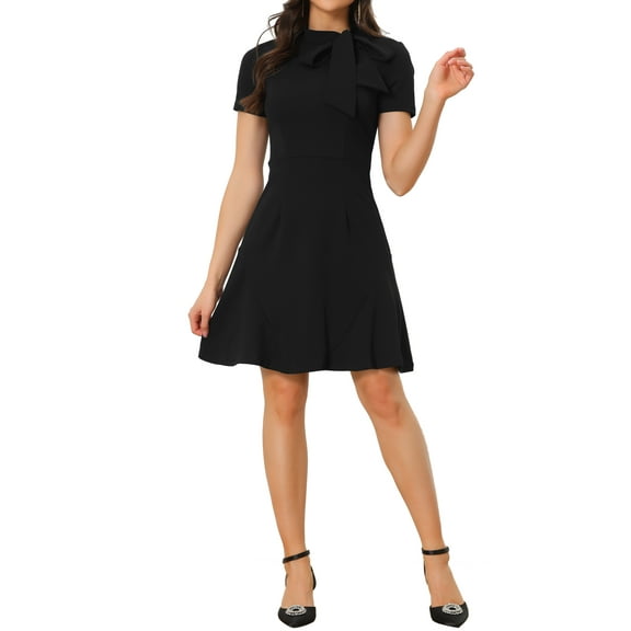INSPIRE CHIC Women's Elegant Bow Tie Dress Solid Color Ruffled Hem Short Sleeve Swing Dresses XS Black
