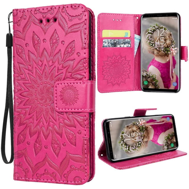 For Samsung Galaxy S9 Mobile Phone Cover Leather Pu Wallet Flip Case Flower Pattern Sunflower - Red