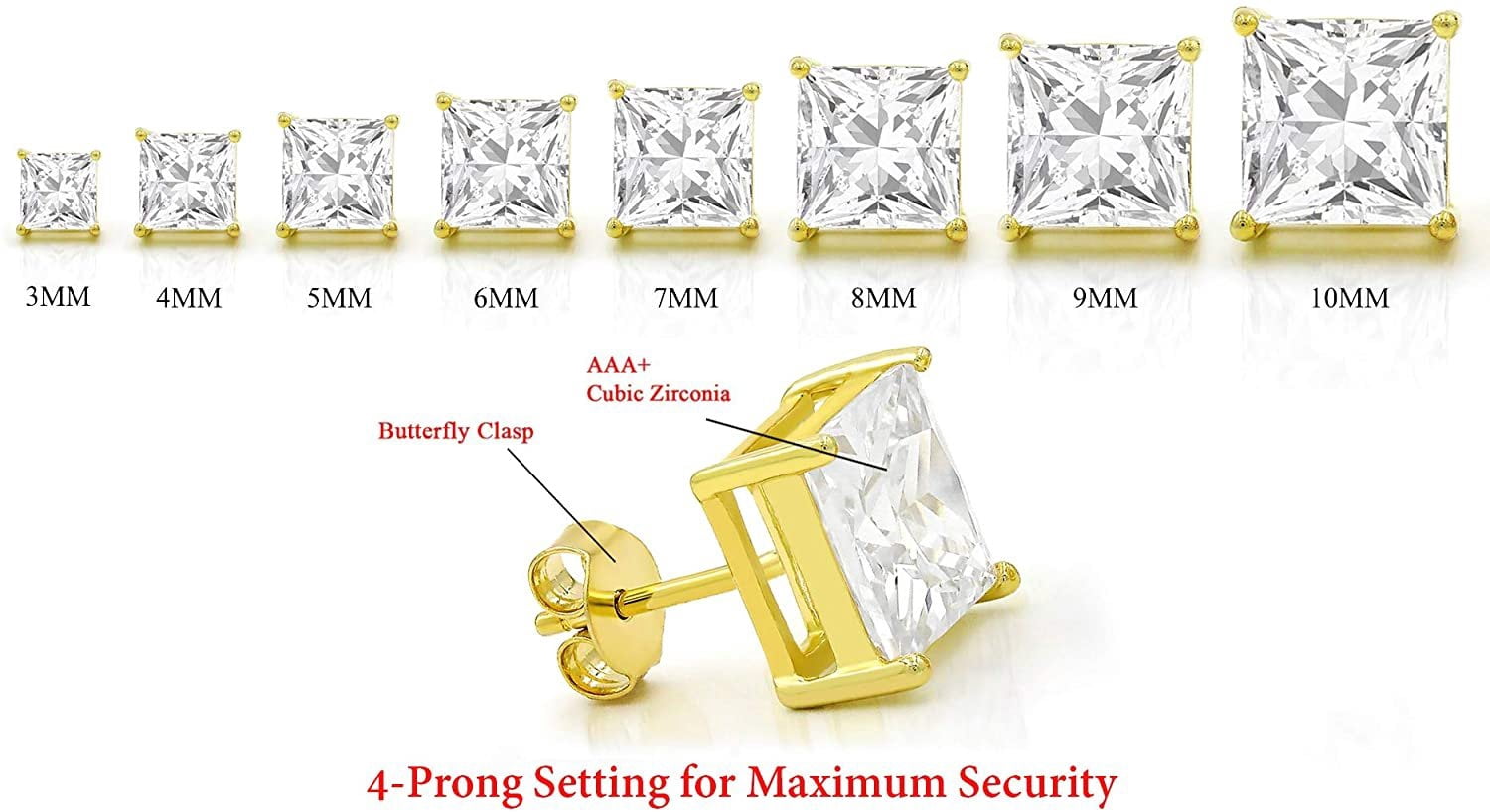 925 Sterling Silver 3mm - 10mm Princess Cut Square Yellow Gold Plated Unisex Classic Clear Cubic Zirconia CZ Stud Earrings, Giorgio Bergamo 9mm