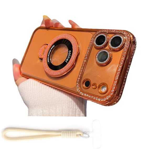 Dteck Magnetic Bling Case with Wrist Strap for iPhone 17 Pro Max,Shockproof TPU PC Bling Glitter Case Compatible with Mag Safe Ring Holder Kickstand Built-in with Camera Lens Protector Cover,Orange