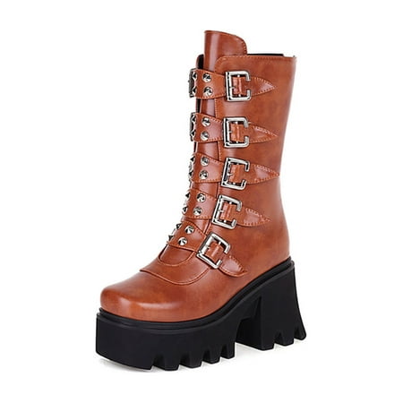 

Fangasis Platform Boots For Women Chunky Platform Knee High Boots High Heel Round-Toe Zip Punk Goth Mid Calf Combat Boots For Women