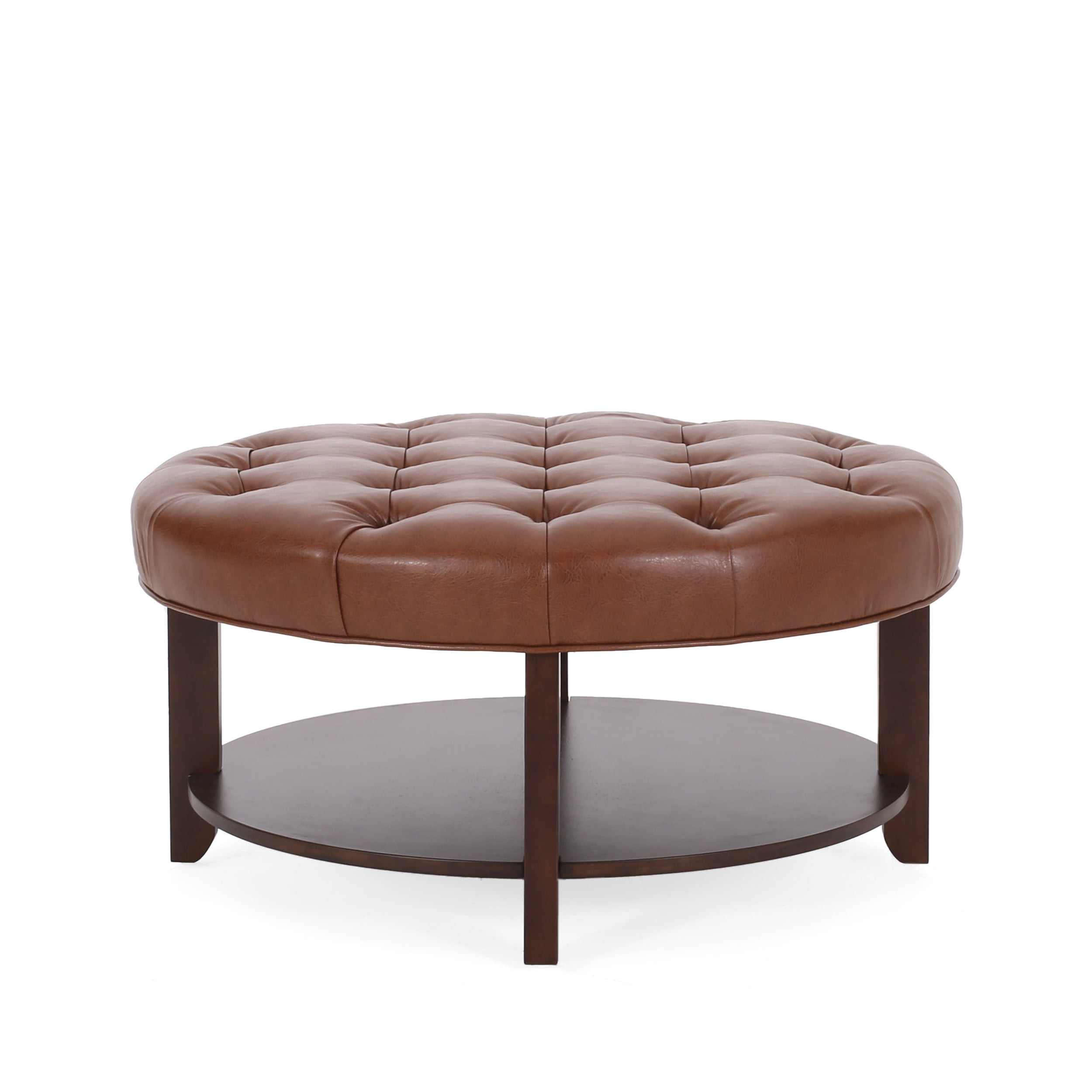 Noble House Aldrich Faux Leather and Wood Tufted Round Ottoman with Open Shelf, Cognac Brown and Espresso