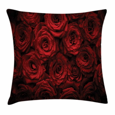 Dark Red Throw Pillow Cushion Cover, Image of Red Roses with Drops of Water Blooming Bouquet Symbol of Love and Passion, Decorative Square Accent Pillow Case, 18 X 18 Inches, Red Black, by