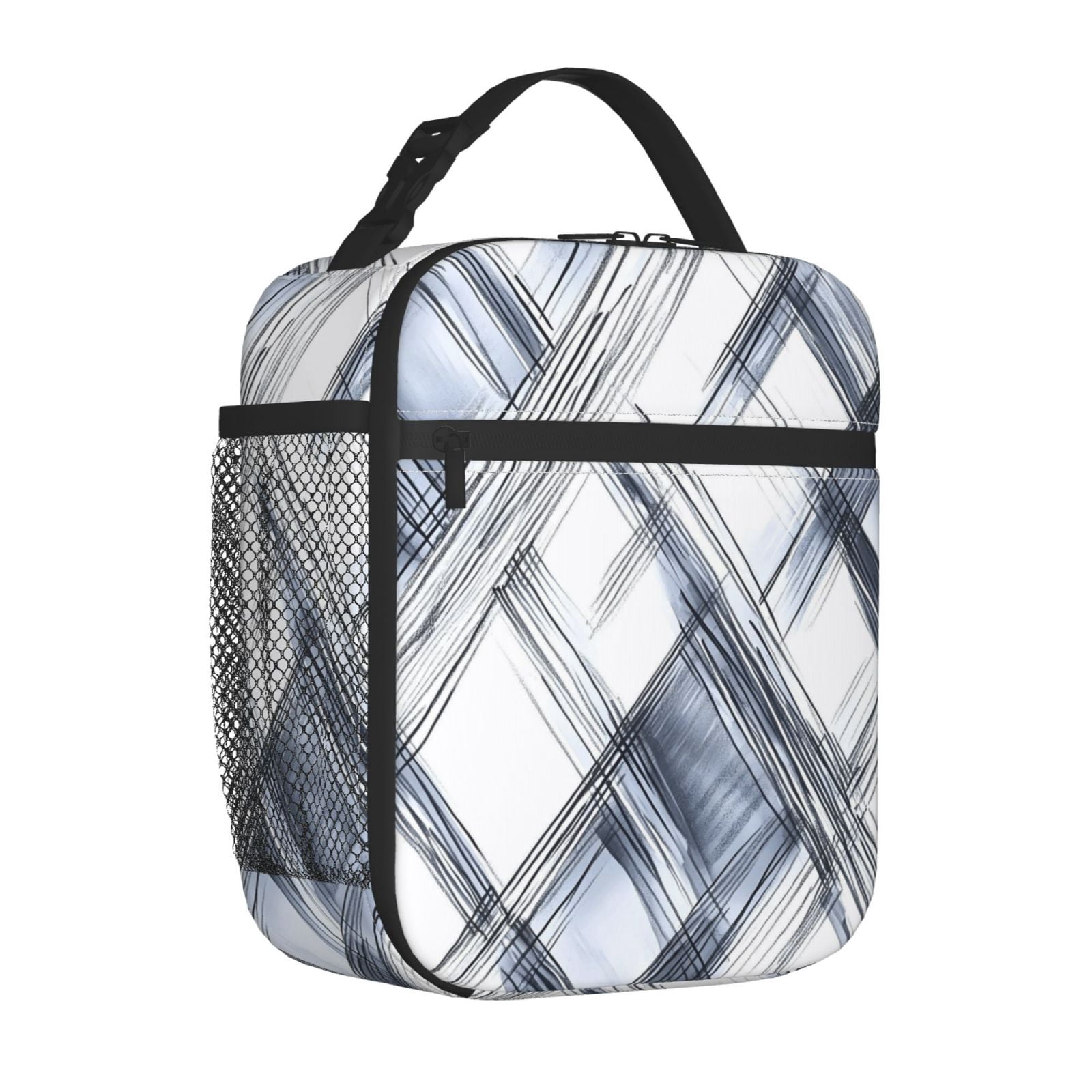 Lunch Bag For Women Men Insulated Portable Lunch Box Bento Box Office Picnic Travel Cooler Bag Silver Checked Hand-Drawn Sketch_1