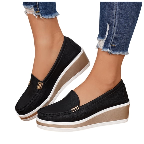 Rokment Womens Platform Wedge Loafers Fall Stylish Casual Solid Leather Memory Foam Chunky Heels Slip on Business Office Work Casual Shoes