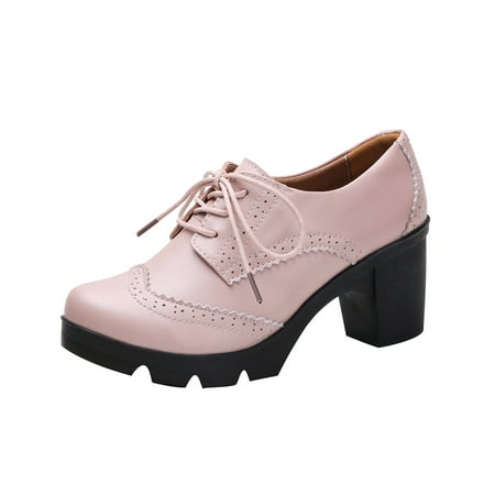 

Xfvqtps Ladys Oxford Shoes British Style Chunky Heel Platform Hollow Out Wingtips Toe Lace Up Solid Color Fashion Retro Classic Leather Brogues Shoes Pink