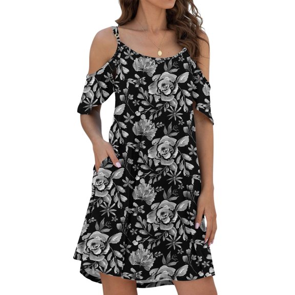 Women's Casual Tennis Dress for Summer Lightweight Spaghetti Strap Cold Shoulder Ruffle Sleeve Dress with Pocket for Everyday Wear Black M